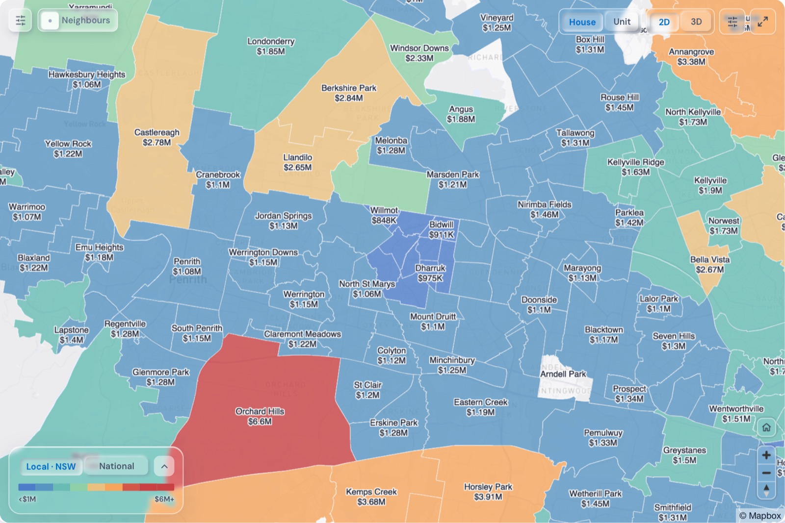 Map of Western Sydney suburbs coloured by median house price, October 2026, in the Real Estate Radar Market Dashboard