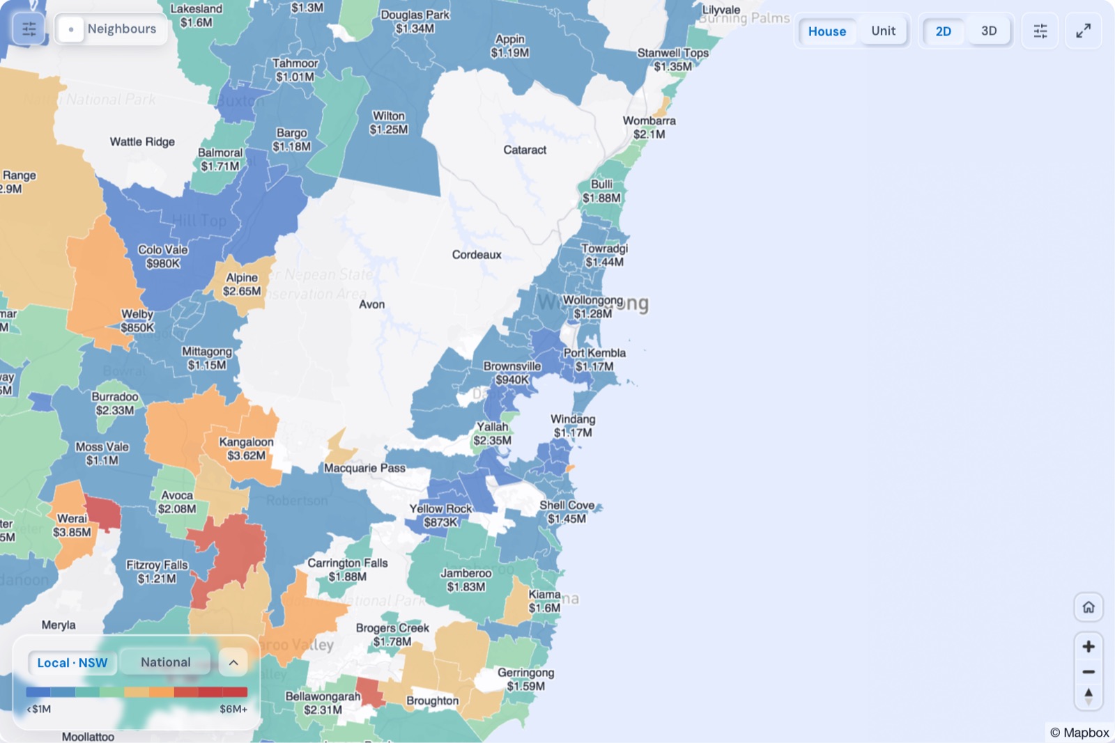 Map of Wollongong suburbs coloured by median house price, October 2026, in the Real Estate Radar Market Dashboard
